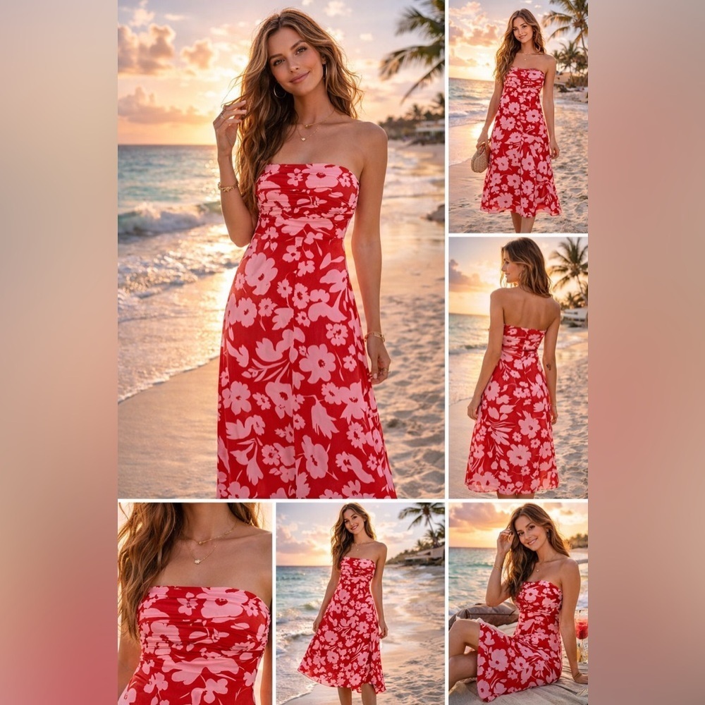 🌺 Anthropologie Lost + Wander Strapless Red Floral Midi Dress